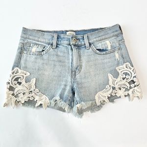 Sneak Peek Denim Jean Shorts Womens Medium Blue Distressed Lace Cut Off Mid Rise